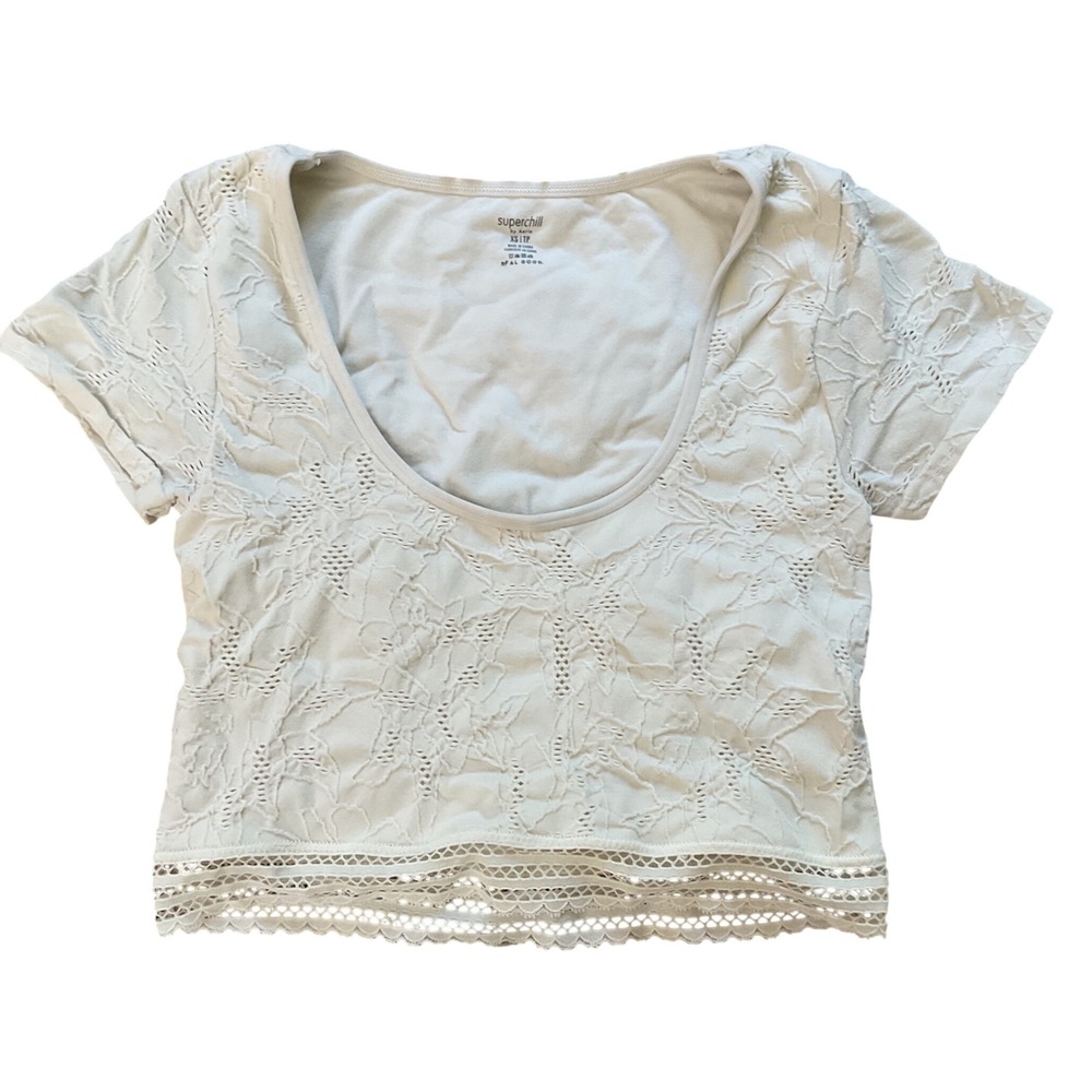 Aerie Superchill Cream Floral Textured Lace Crop Top Scoop Neck XS